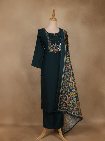 Peacock Blue Floral Design Cotton Salwar Suit with Dupatta - Diadem