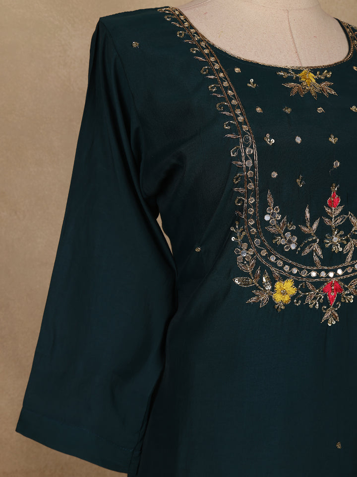Peacock Blue Floral Design Cotton Salwar Suit with Dupatta - Diadem