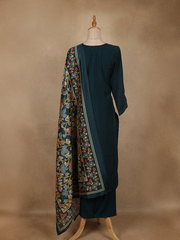 Peacock Blue Floral Design Cotton Salwar Suit with Dupatta - Diadem