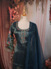 Peacock Blue Floral Printed and Beads Embroidered Design Semi Silk Party Wear Straight Cut Salwar Suit with Matching Dupatta