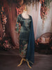 Peacock Blue Floral Printed and Beads Embroidered Design Semi Silk Party Wear Straight Cut Salwar Suit with Matching Dupatta