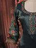 Peacock Blue Floral Printed and Beads Embroidered Design Semi Silk Party Wear Straight Cut Salwar Suit with Matching Dupatta