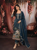 Peacock Blue Floral Printed and Beads Embroidered Design Semi Silk Party Wear Straight Cut Salwar Suit with Matching Dupatta