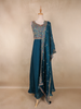 Peacock Blue Floral Thread Embroidery Design Space Silk Party Wear Gown