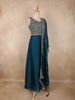 Peacock Blue Floral Thread Embroidery Design Space Silk Party Wear Gown