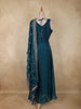Peacock Blue Floral Thread Embroidery Design Space Silk Party Wear Gown
