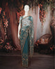 Peacock Blue Floral Vine Sequins and  Beads Embroidered Design Net Party Wear Saree