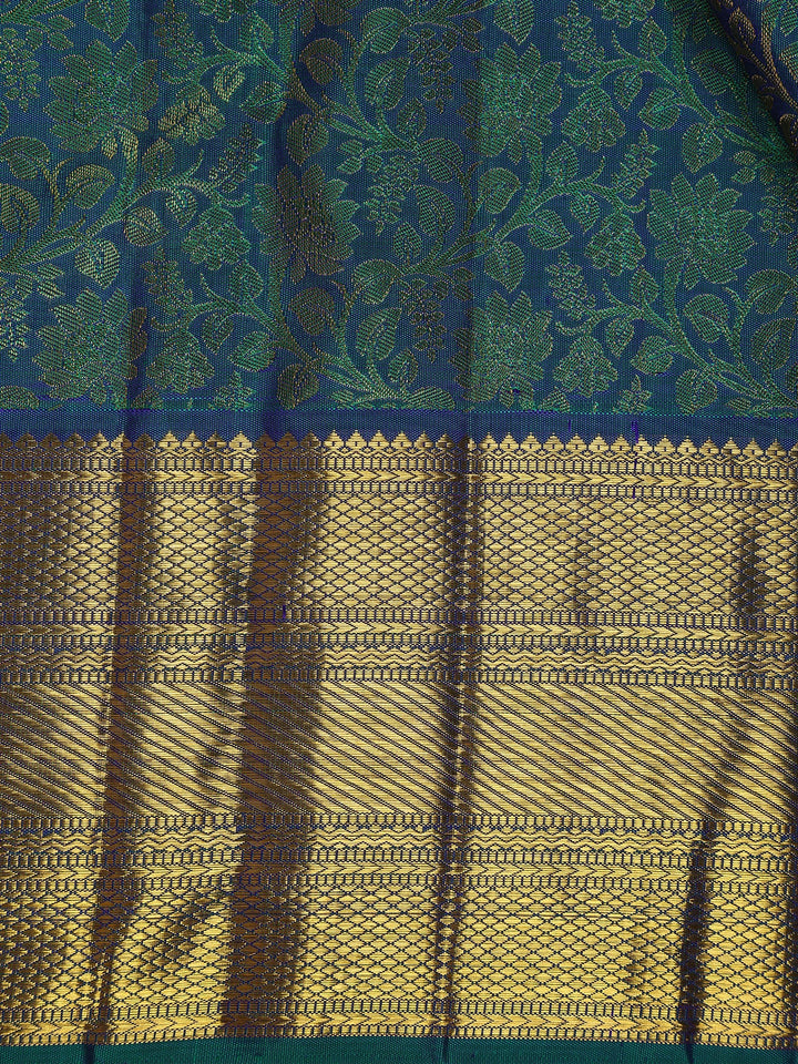Peacock Blue Floral Woven Pure Kanchipuram Silk Saree - Diadem
