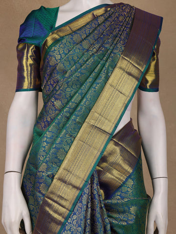 Peacock Blue Floral Woven Pure Kanchipuram Silk Saree - Diadem