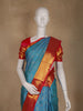 Peacock Blue Floral Woven Pure Kanchipuram Silk Saree With Contrast Border