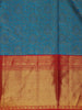 Peacock Blue Floral Woven Pure Kanchipuram Silk Saree With Contrast Border
