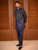 Peacock Blue Geometric Self Woven Design Velvet Men's Sherwani Suit with Matching Pant