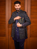 Peacock Blue Geometric Self Woven Design Velvet Men's Sherwani Suit with Matching Pant