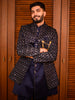 Peacock Blue Geometric Self Woven Design Velvet Men's Sherwani Suit with Matching Pant