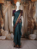 Peacock Blue Mini Checked with Butta Zari Woven Design Pure Kanchipuram Silk Saree with Contrast Zari Border