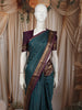 Peacock Blue Mini Checked with Butta Zari Woven Design Pure Kanchipuram Silk Saree with Contrast Zari Border