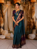 Peacock Blue Mini Checked with Butta Zari Woven Design Pure Kanchipuram Silk Saree with Contrast Zari Border