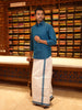 Peacock Blue Solid Woven Shirt with White Dhoti Featuring Teal Woven Border Combo Set