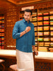 Peacock Blue Solid Woven Shirt with White Dhoti Featuring Teal Woven Border Combo Set