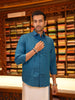 Peacock Blue Solid Woven Shirt with White Dhoti Featuring Teal Woven Border Combo Set