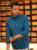 Peacock Blue Solid Woven Shirt with White Dhoti Featuring Teal Woven Border Combo Set
