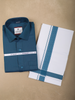 Peacock Blue Solid Woven Shirt with White Dhoti Featuring Teal Woven Border Combo Set
