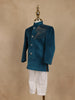 Peacock Blue Velvet Indo-Western Kids Sherwani With Horse Embellished Shoulder