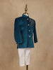 Peacock Blue Velvet Indo-Western Kids Sherwani With Horse Embellished Shoulder
