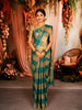Peacock Green Checked Woven Design Pure Kanchipuram Silk Saree with Zari Border