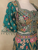 Peacock Green Floral and Mirror Embroidered Banarasi Silk Lehenga Set