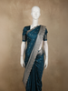 Peacock Teal Blue Butta Zari Woven Design Pure Satin Saree with Scalloped Border