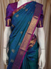 Peacock Teal Blue Butta Zari Woven Design Pure Kanchipuram Silk Saree with Contrast Zari Border