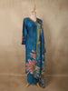 Peacock Teal Blue Floral Sequins Embroidered Design Cotton Straight Cut Salwar Suit with Dupatta