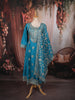 Peacock Teal Blue Paisley Sequins and Zari Embroidered Design Semi Silk Anarkali Suit with Matching Designer Dupatta