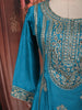 Peacock Teal Blue Paisley Sequins and Zari Embroidered Design Semi Silk Anarkali Suit with Matching Designer Dupatta