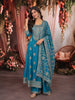 Peacock Teal Blue Paisley Sequins and Zari Embroidered Design Semi Silk Anarkali Suit with Matching Designer Dupatta