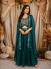 Peacock Teal Green Floral Zari Embroidered Design Crepe Palazzo Suit with Over Coat