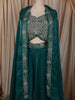 Peacock Teal Green Floral Zari Embroidered Design Crepe Palazzo Suit with Over Coat