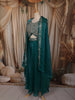 Peacock Teal Green Floral Zari Embroidered Design Crepe Palazzo Suit with Over Coat