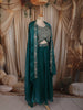 Peacock Teal Green Floral Zari Embroidered Design Crepe Palazzo Suit with Over Coat