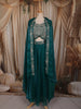 Peacock Teal Green Floral Zari Embroidered Design Crepe Palazzo Suit with Over Coat
