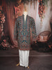 Peacock Teal Royal Procession and Geometric Embroidered Design Tissue Silk Men's Kurta Pyjama