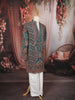 Peacock Teal Royal Procession and Geometric Embroidered Design Tissue Silk Men's Kurta Pyjama