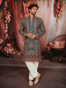 Peacock Teal Royal Procession and Geometric Embroidered Design Tissue Silk Men's Kurta Pyjama