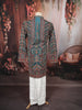 Peacock Teal Royal Procession and Geometric Embroidered Design Tissue Silk Men's Kurta Pyjama