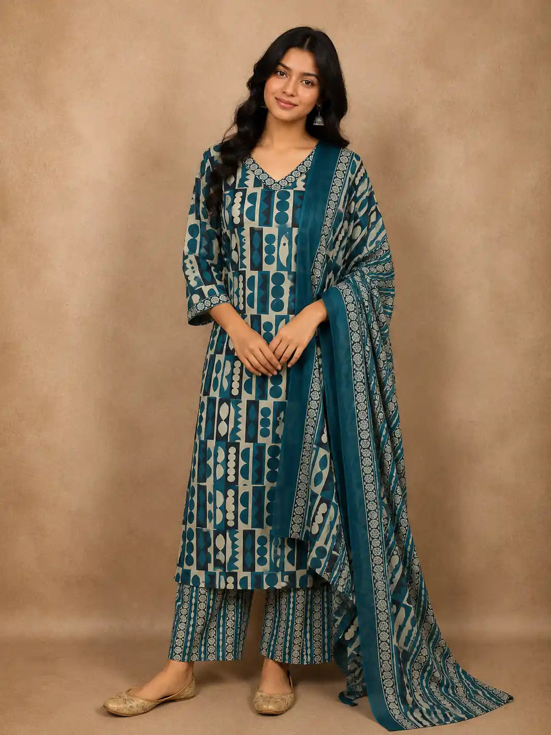 Peacock Blue Abstract Printed Design Cotton Straight Cut Salwar Suit with Dupatta