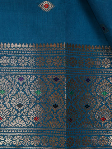 Peacock Blue Floral And Diamond Motifs Zari Weaving Soft Silk Saree - Diadem