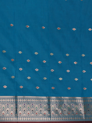 Peacock Blue Floral And Diamond Motifs Zari Weaving Soft Silk Saree - Diadem