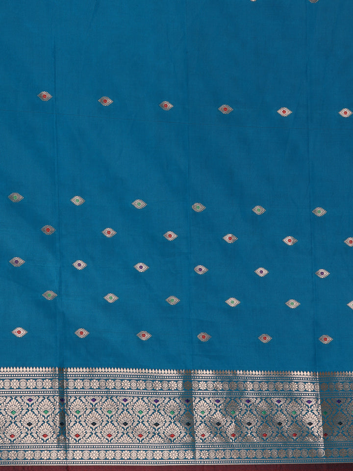 Peacock Blue Floral And Diamond Motifs Zari Weaving Soft Silk Saree - Diadem