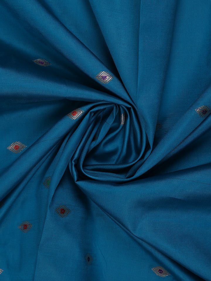 Peacock Blue Floral And Diamond Motifs Zari Weaving Soft Silk Saree - Diadem